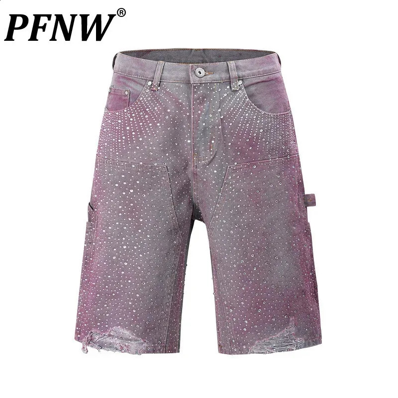 PFNW Niche Heat-melting Rhinestone Shorts With Ink Splatter Dyeing Gradient Denim Knee Length Pants Men 2025 Bottoms 28W6376 250411