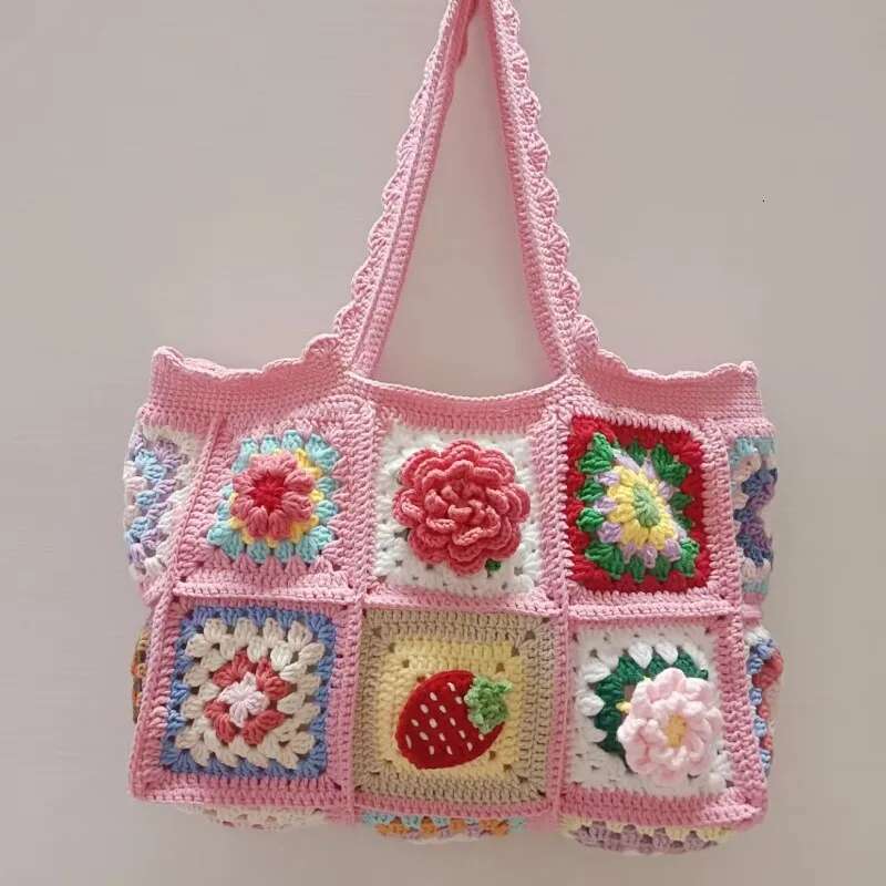 Strawberry Cherry Crochet Granny Square Large Tote Shoulder Handmade Shopping Handbag Vintage Style Summer Beach Bag