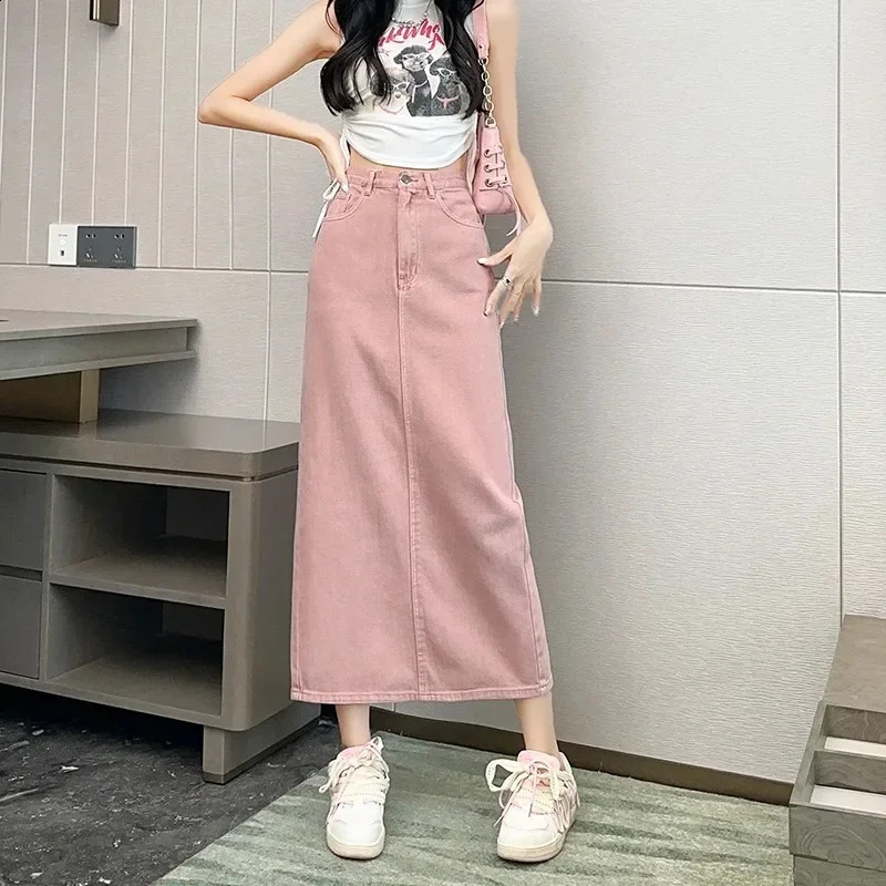 Summer Womens 100% Cotton Denim Shorts Pink High-waisted Slit Retro Elegant Fashionable Casual Denim Long Skirt Female 250407