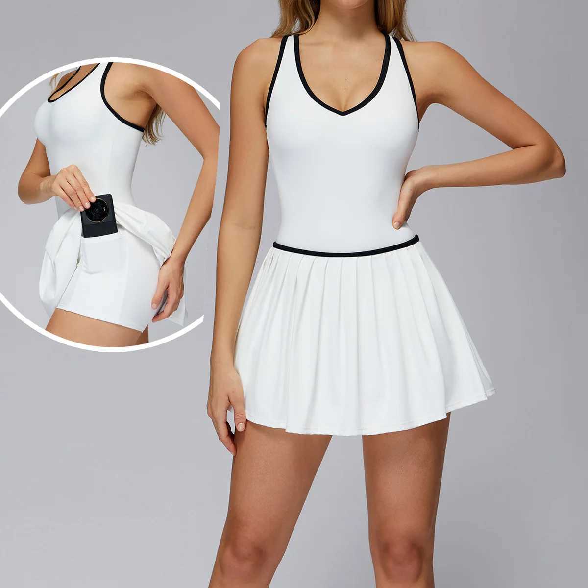 Women Fitness Yoga Dress One-piece Tennis Dress V Neck Racerback Built in Bra with Inner Separate Shorts Pockets Sports Dress J251112