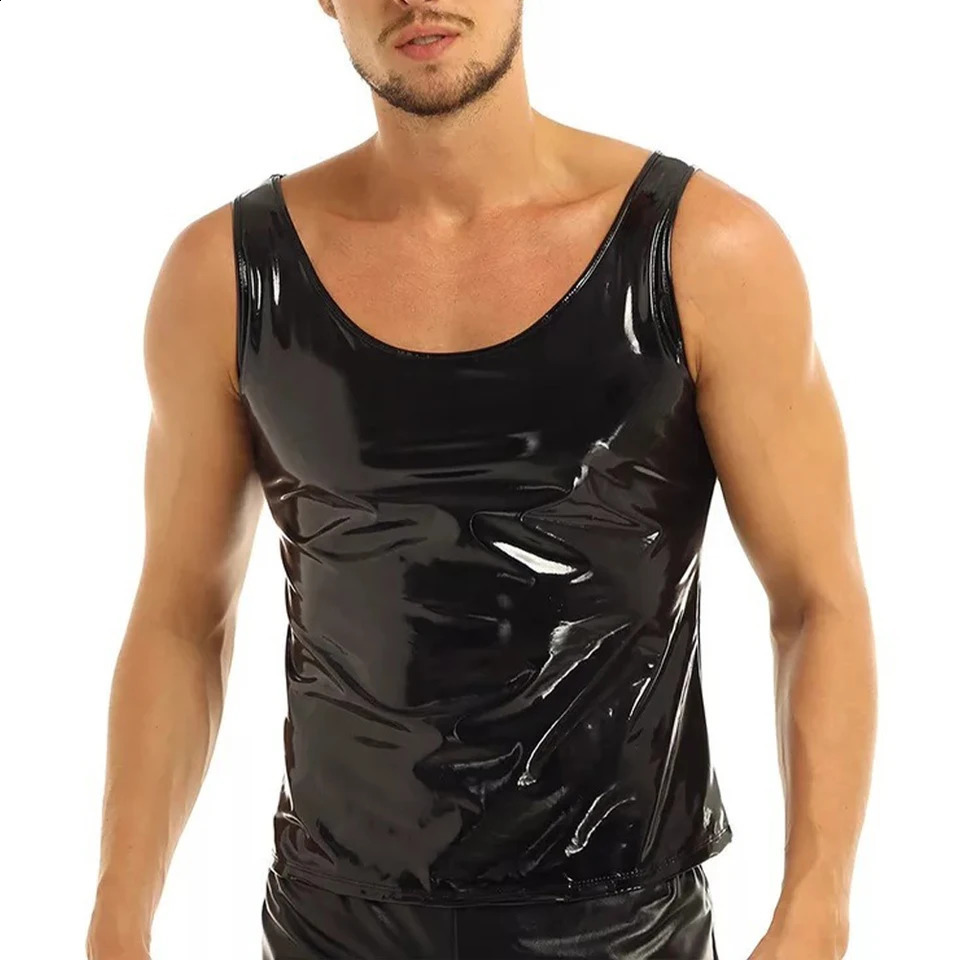 Mens wet appearance PVC patent leather vest round neck sleeveless Tshirt top 250407