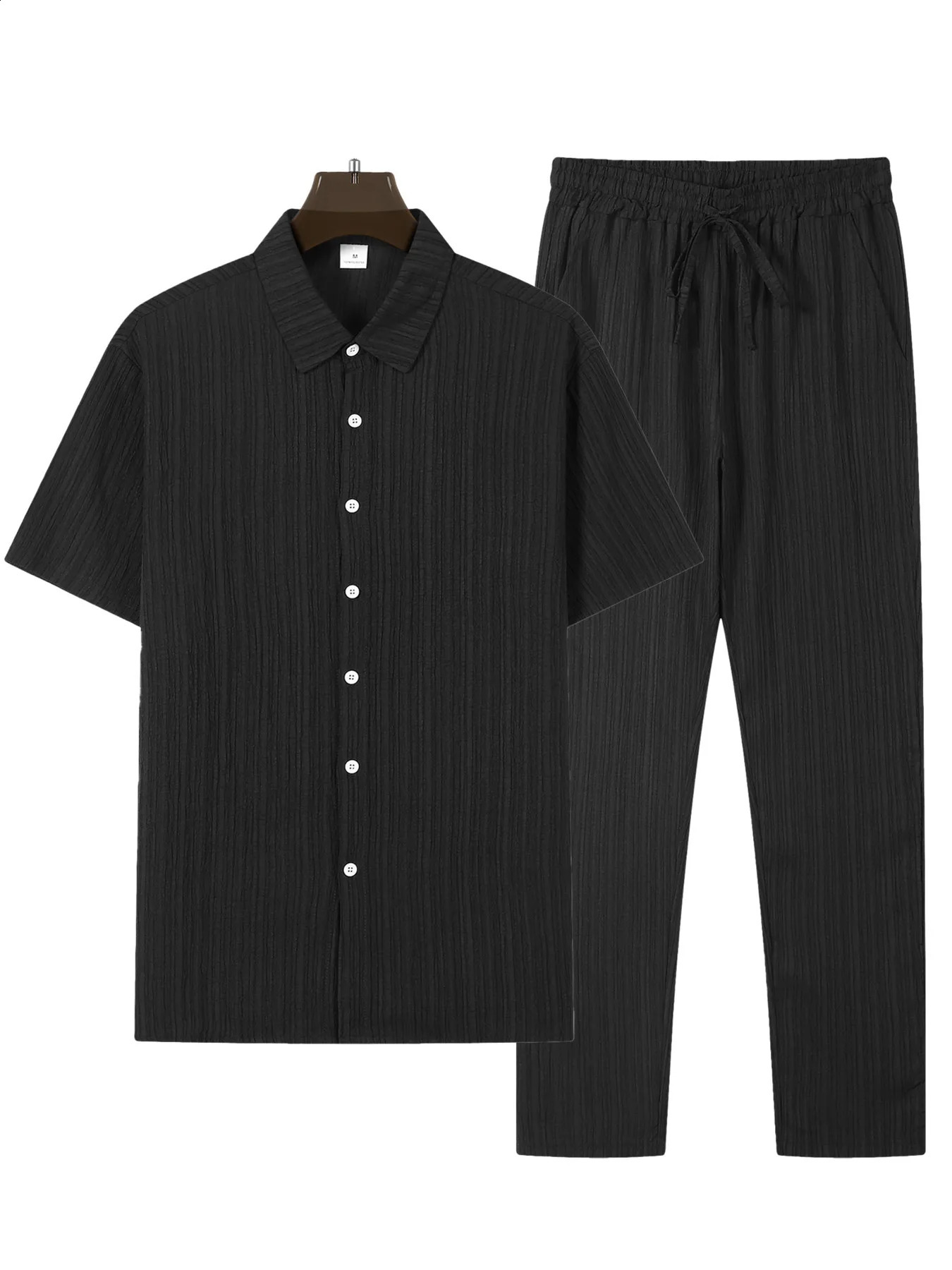 Mens casual striped two-piece solid color lapel short sleeved top and pants set for spring and summer sports streetwear 250411