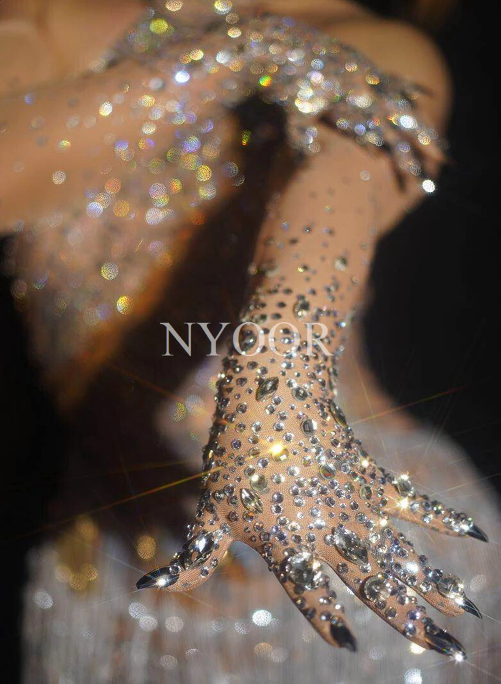 Stretch Rhinestones Long Gloves Women Sparkly Crystal Mesh Gloves Dancer Singer Nightclub Stage Party Show Accessories 250408