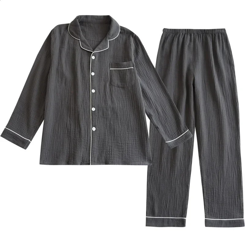 MIANDUONI Mens Sleepwear Set Loose Home Textile Spring and Autumn Cotton Crepe Long Sleeve Open cardigan TopPant 2-piece Solid Color Set 250411