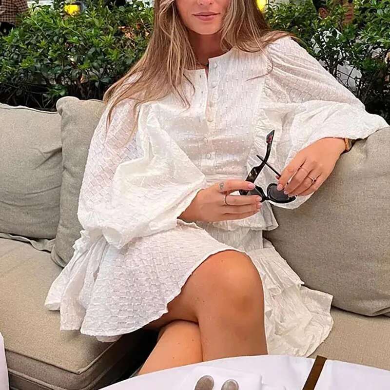 Spring Autumn Lantern Sleeves White Casual Buttons Layered Party Elegant Women's O-neck Ruffled Loose Dress Vestidos