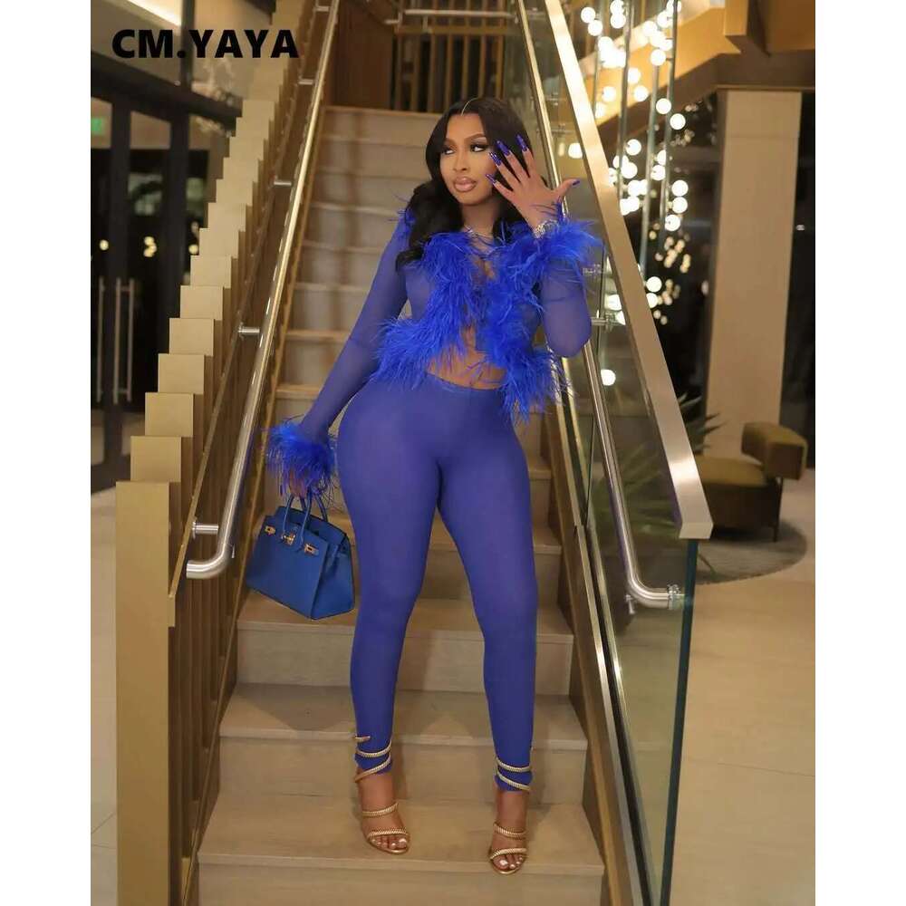 Cm.Yaya Fashion Mesh See Though Women's Set Feather Side Long Sleeve Crop Top And Legging Pants 2025 Sexy Two 2Piece Sets Outfit