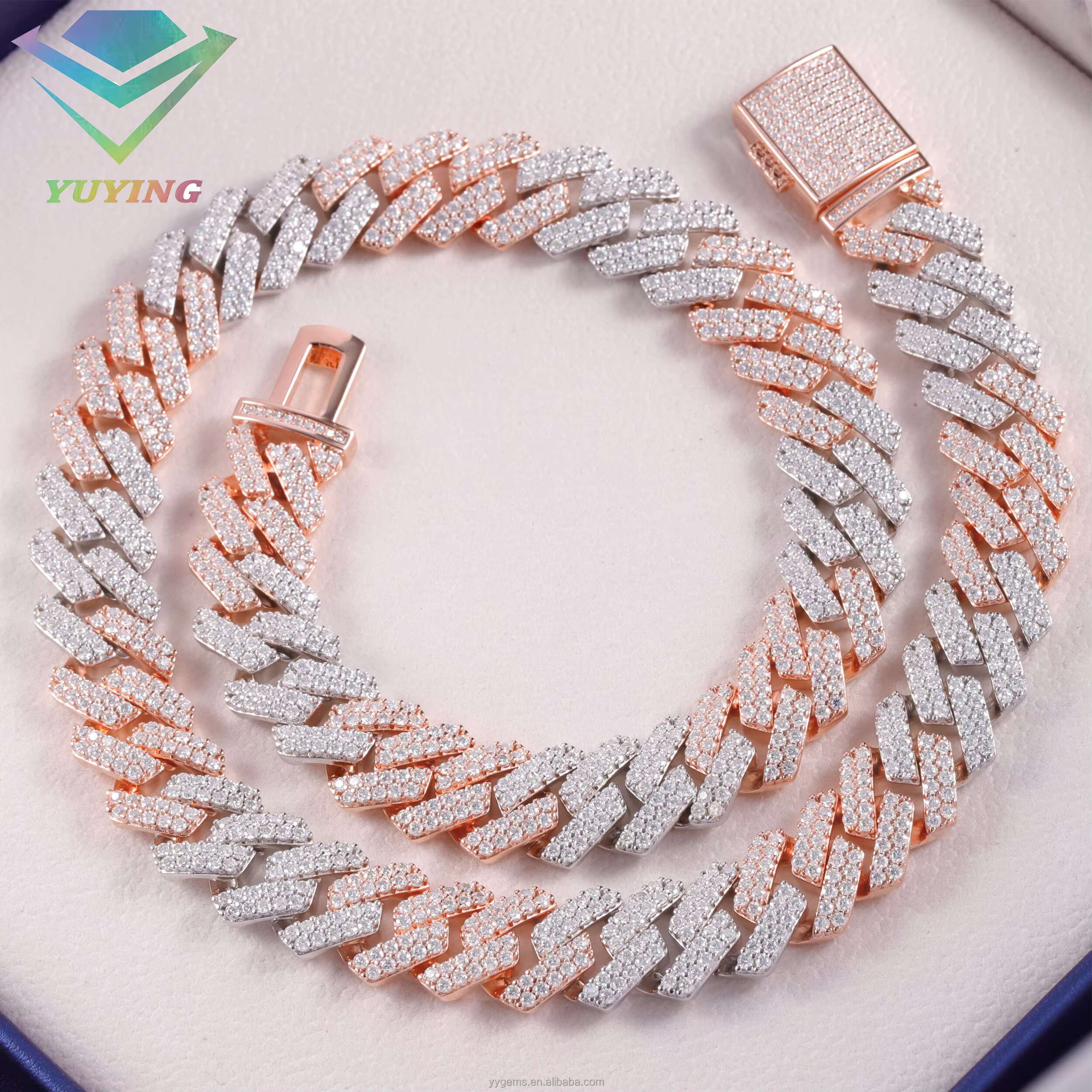 Hip Hop Jewelry 15mm 2 Rows of Diamond Necklace 18K Gold Plated VVS Moissanite Bracelet 925 Silver Iced Out Cuban Link Chain
