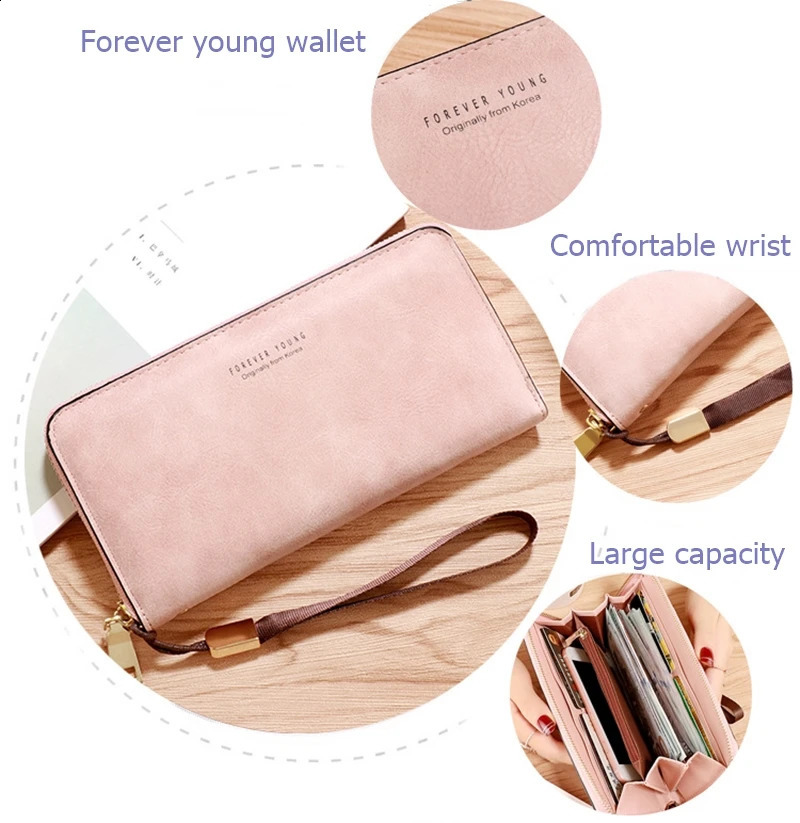 Forever Young Wallet Womens Long PU Standard Wallet Retro Womens Smooth Zipper Wallet Womens Wrist Bag Card Pocket 250411