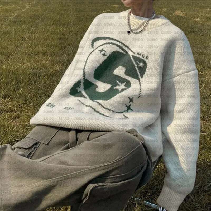 Capital Letter Print Solid Color Retro Men's And Women's Autumn Winter Sweaters Haruku Crew Neck Oversized Baggy Knitted Top