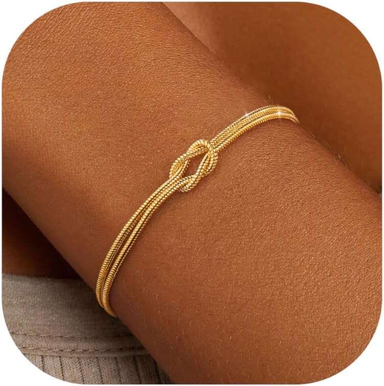 Silver Trendy 14K Gold Plated Bracelet for Women Non Tarnish Dainty Stackable Layered Chain Heart Pearl Knot Beaded Bracelets Stack Set Charm Mothers 