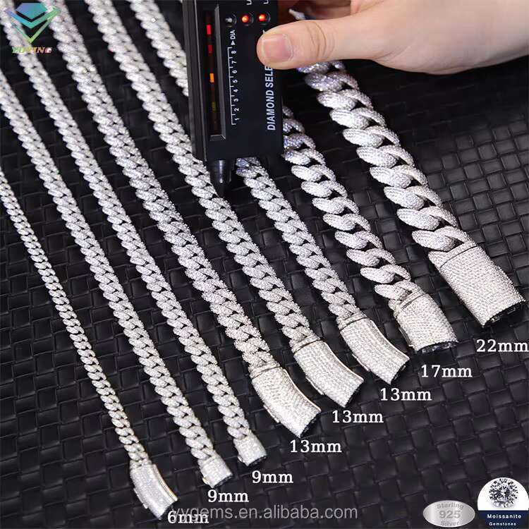 Top Fashion S925 Sterling Silver Hip-Hop Jewelry Gold Plated 6-13mm Full Iced Out Moissanite Cuban Chain Necklace for Wholesale
