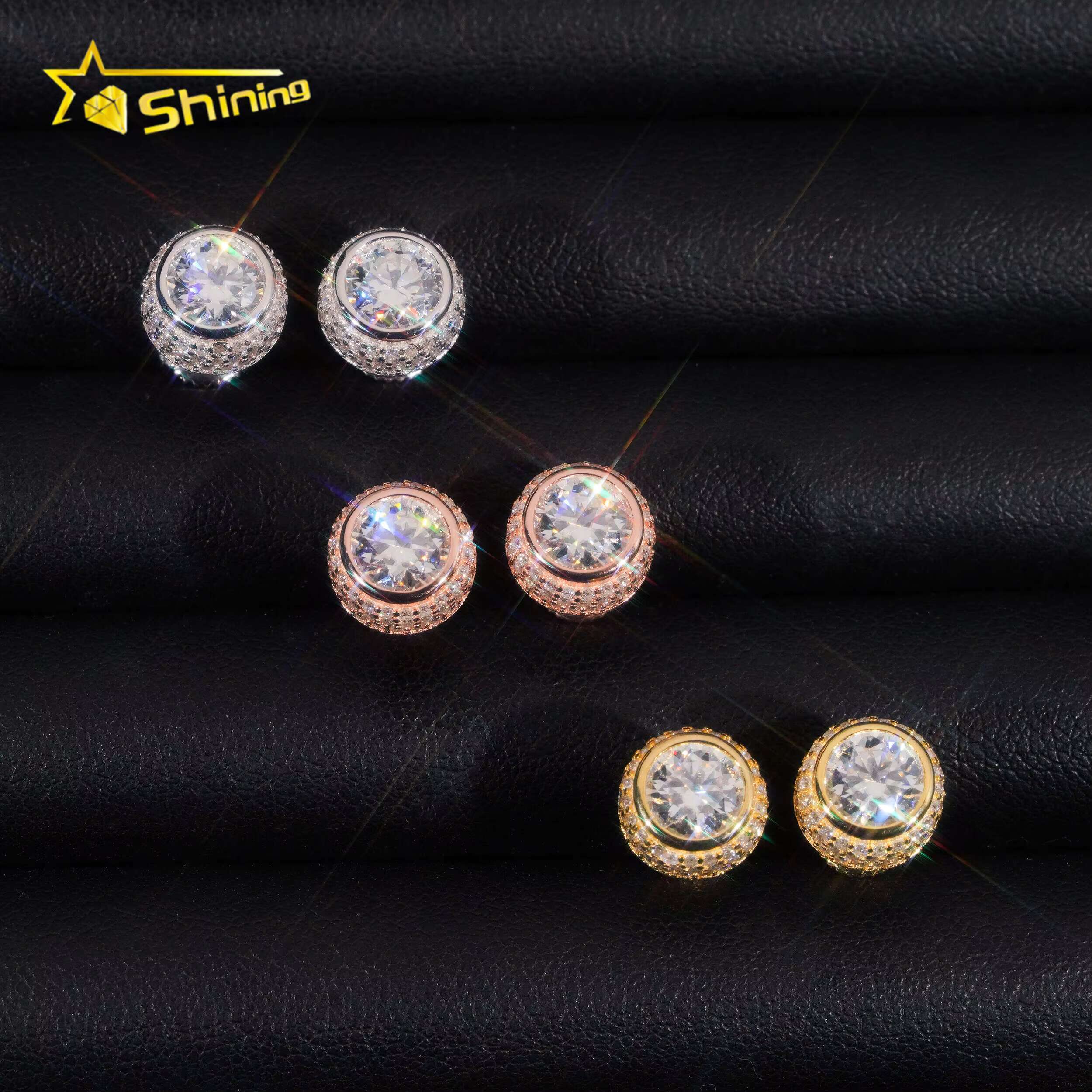Ready to Ship Men Hip Hop Jewelry 925 Sterling Silver Gold Plated Iced Out Moissanite Men Stud Earrings With GRA