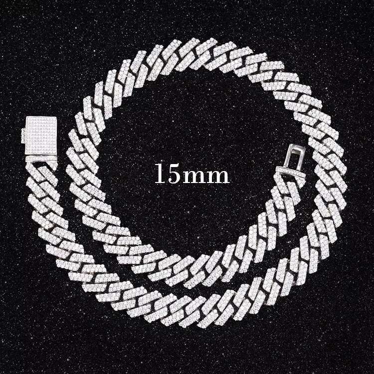 Hip Hop Jewelry 15mm Wide 2rows Cuban Link Chains VVS Moissanite White Gold Plated 925 Sterling Silver Cuban Bracelets