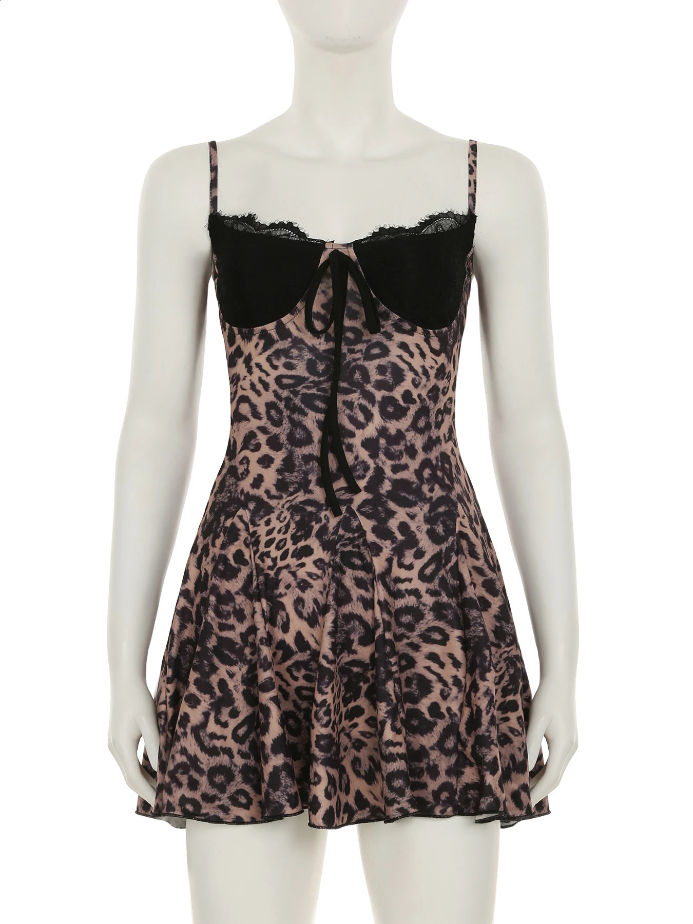 IAMSURE Holiday Patchwork Lace Leopard A-Line Dress Sexy Slim Slash Neck Sleeveless Mini Dresses For Women 2025 Summer Fashion 250411