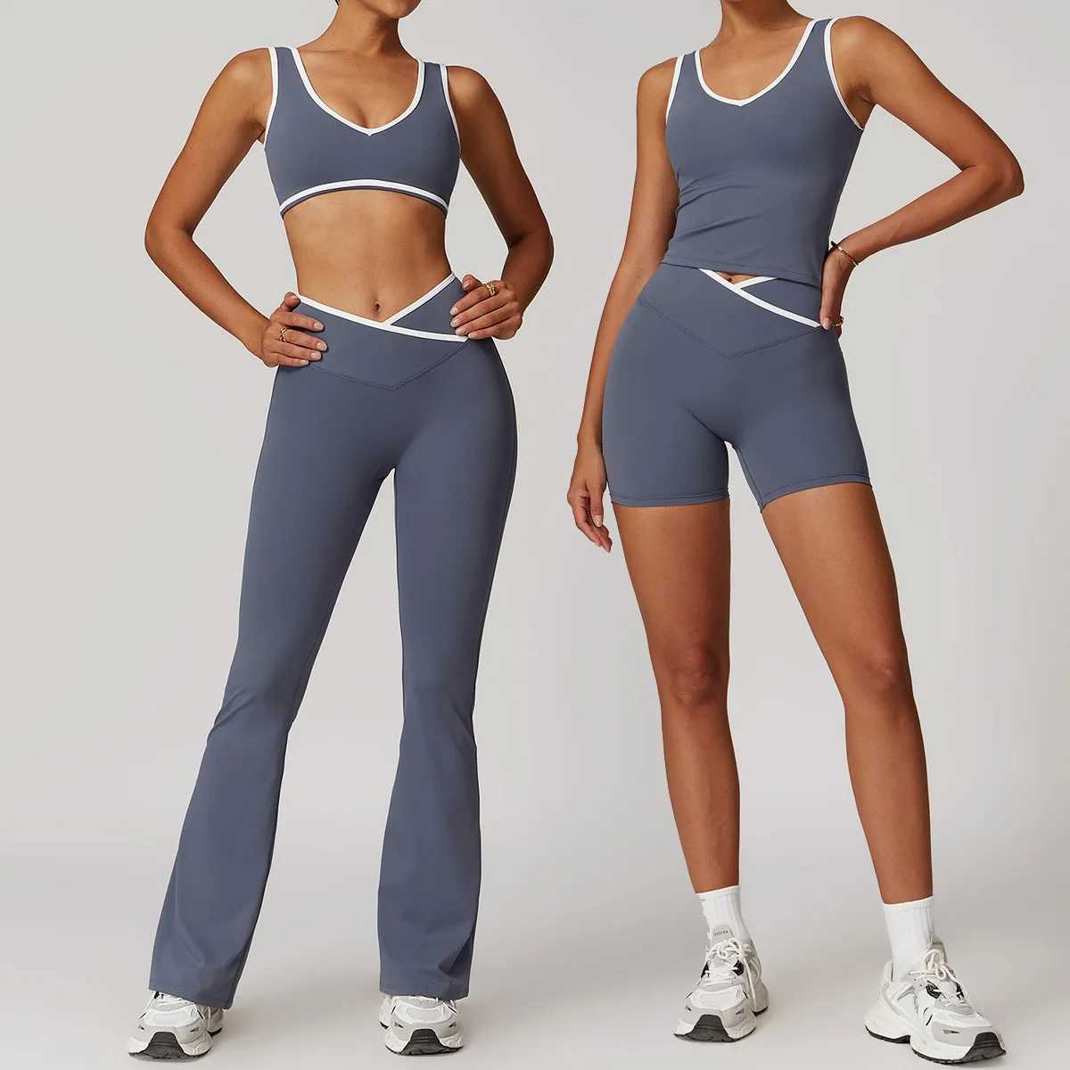 High quality Yoga Set 2 Piece Women Shorts vest Suits Workout Bra Cropped Sports High Waist Gym flares Legging Fitness Wear 8843 J251112