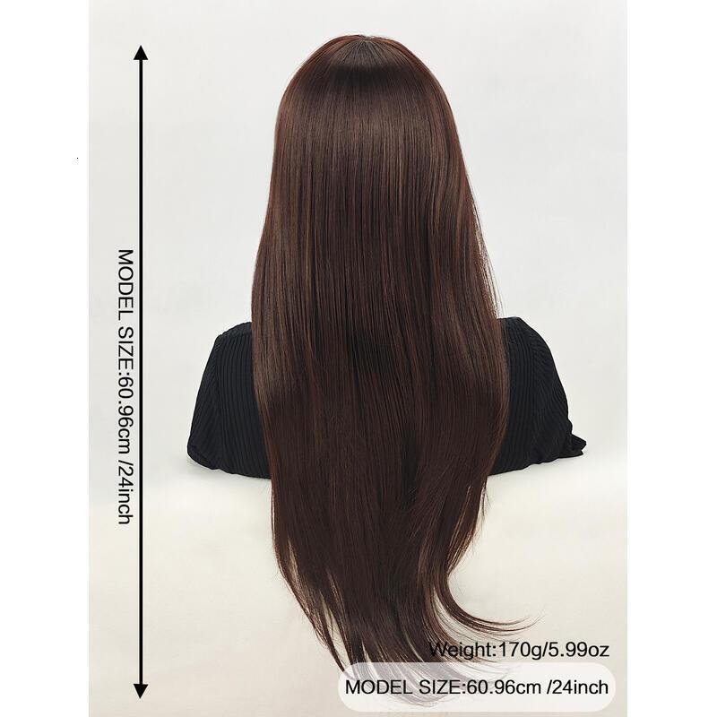 ENTRANCED STYLES en brown Women Long Straight with Bangs Black Hair Wigs Heat Resistant Synthetic Womens Wig for Daily Party Use 24 Inch