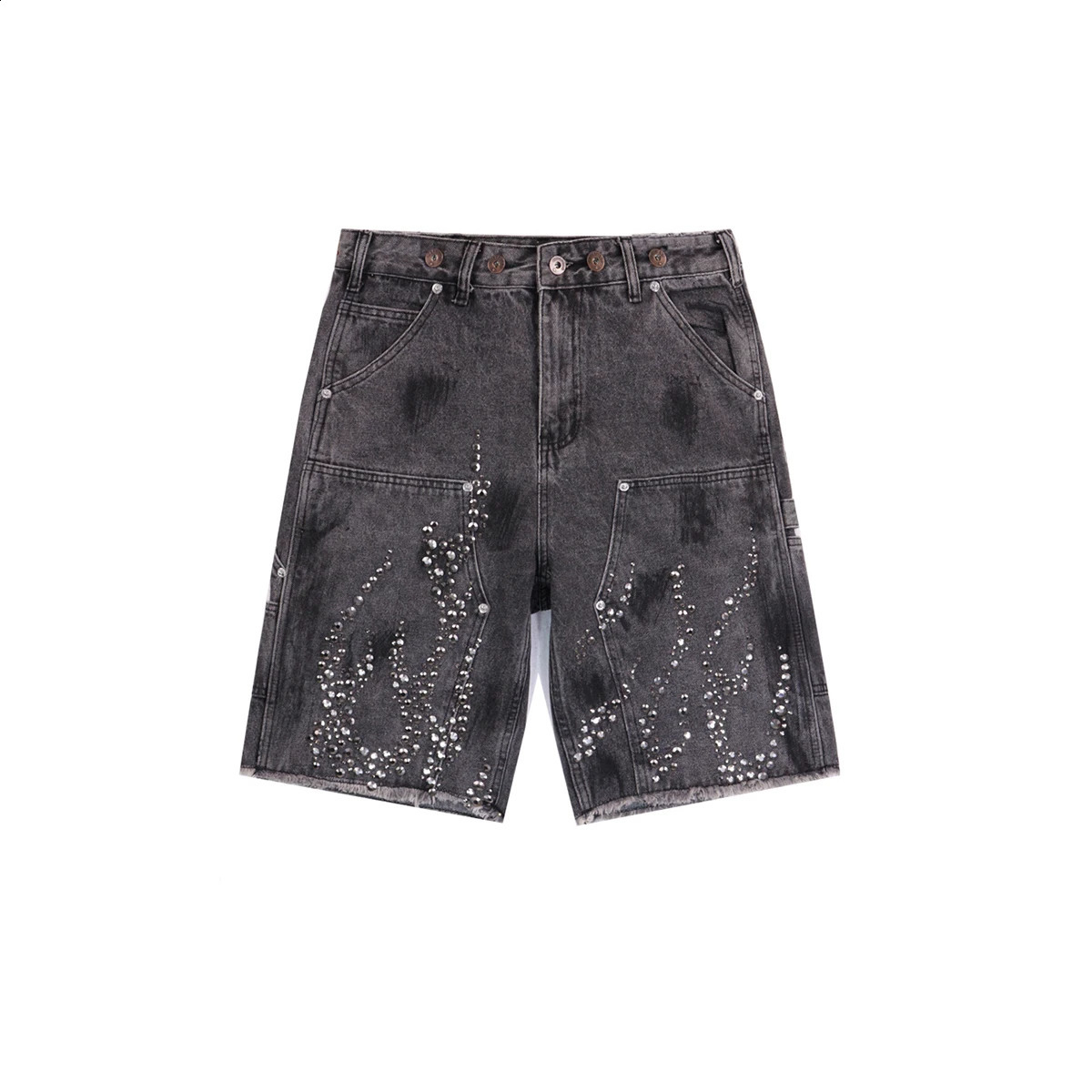 High Street Rhinestone Painted Baggy Jeans Shorts for Men Pockets Wide Leg Blue Black Loose Five Point Denim Pants Oversized 250411