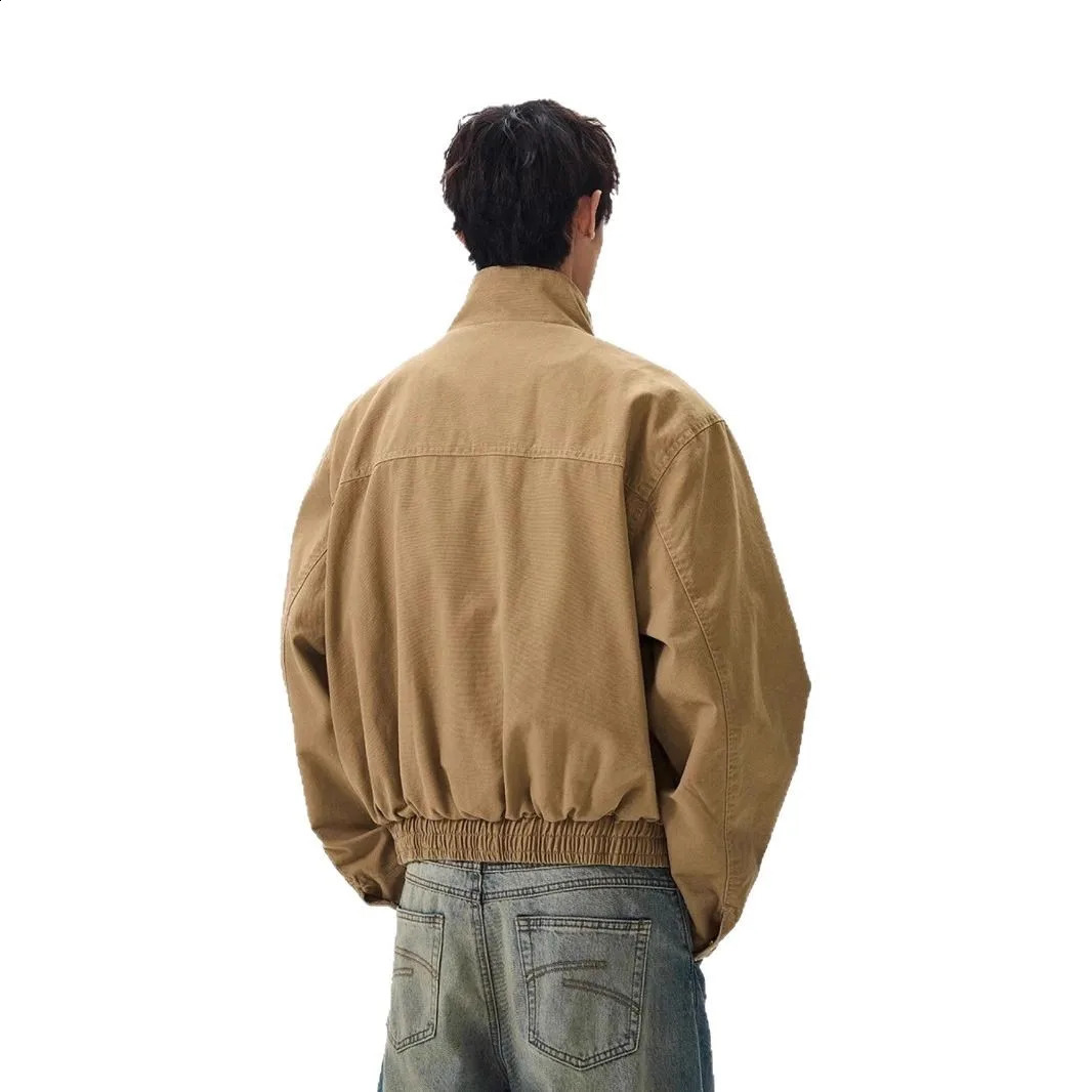 Spring and autumn mens casual trend washed retro stand up collar zipper canvas jacket American fashion retro bomber jacket 250411