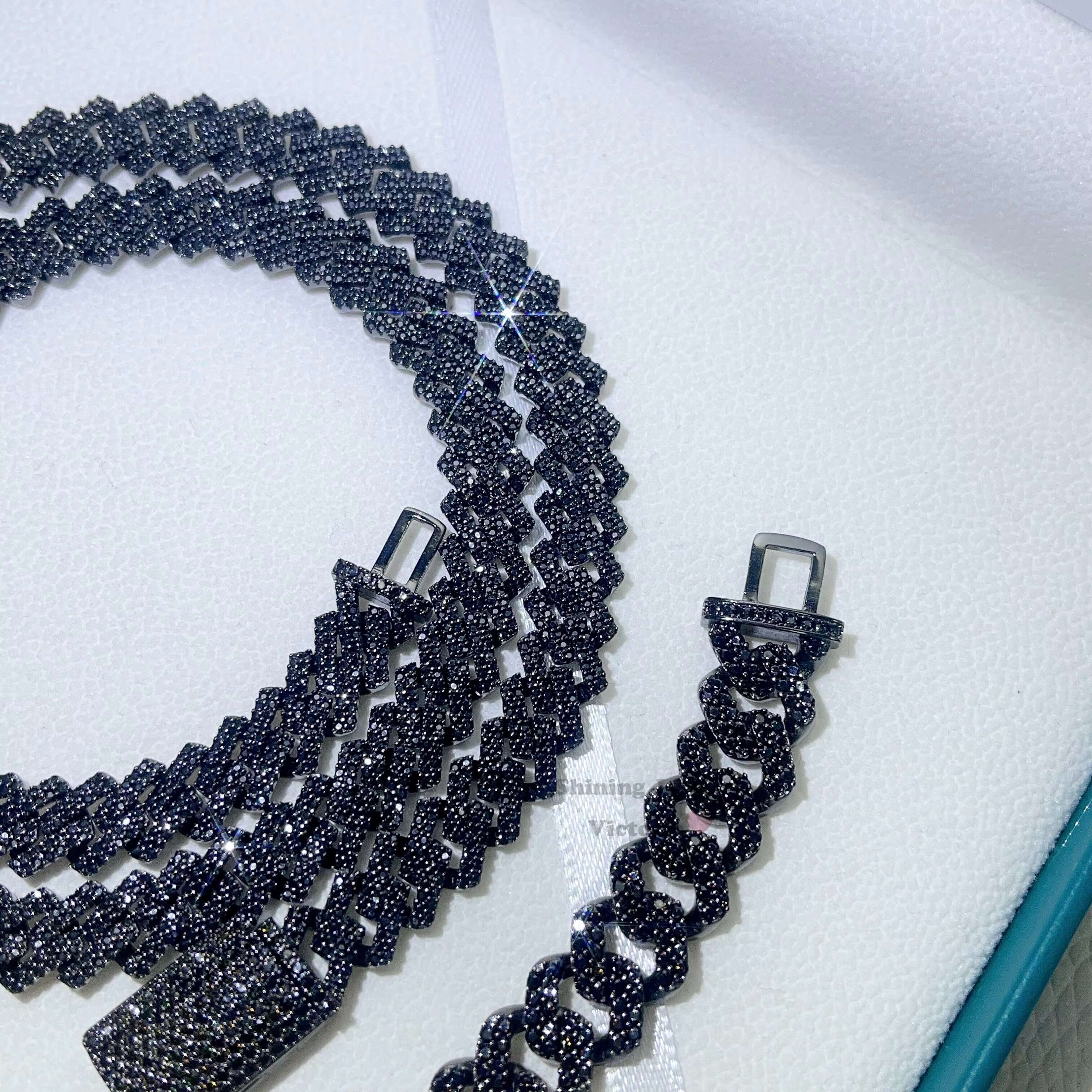 Guangzhou Shining Jewelry 10MM Sterling Silver Hip Hop Iced Out Black Moissanite Cuban Chain