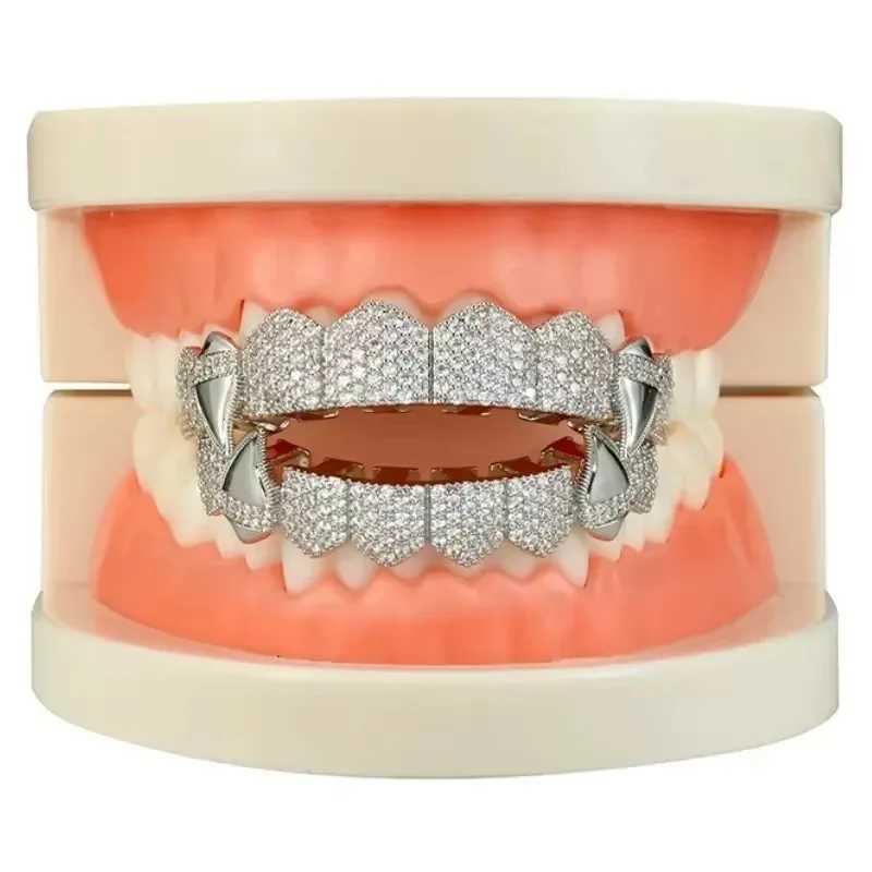 Hip Hop Full CZ Stones Teeth Grillz Hat Cube Zircon Ice Out Mini Paving Mens and Womens Jewelry Top and Bottom Charm Grill W250412