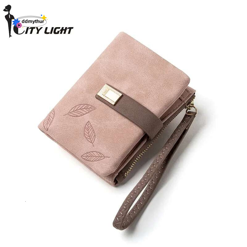 Fashion Female Wallet Short Leaf Print Women Small Nubuck Leather Purse with Wrist Strap ddmythur
