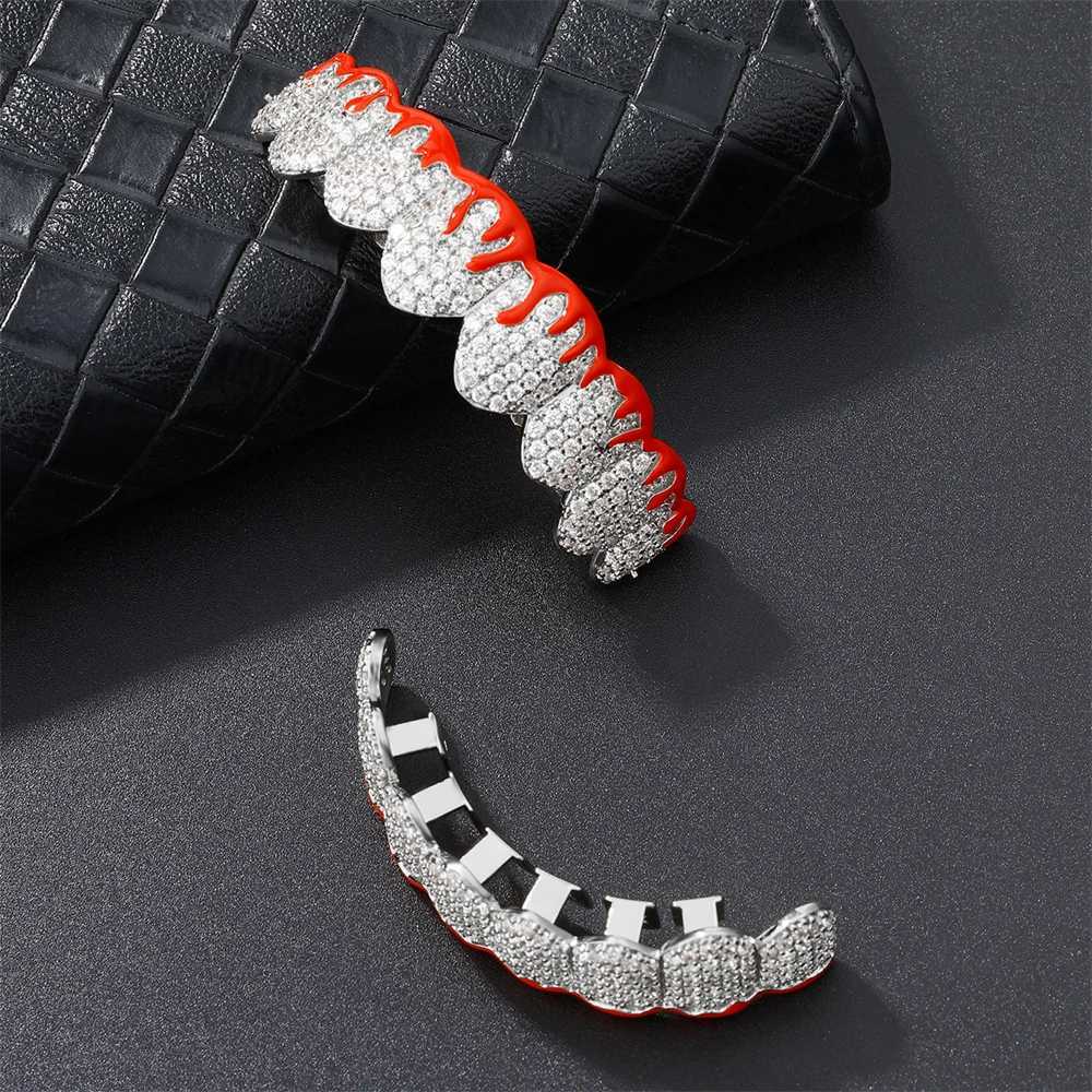 D Z Hip Pop Sparkling Cubic Zircon Blood Teeth Grilz Set for Neutral Top Bottom Oral Gold Silver Removable Dental Jewelry W250412