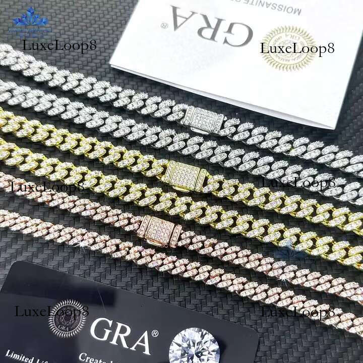FancyJewelry 8mm 10mm 12mm Moissanite Sterg Sier Pass Dia Tester Bracelet Necklace Men's Cuban Chain