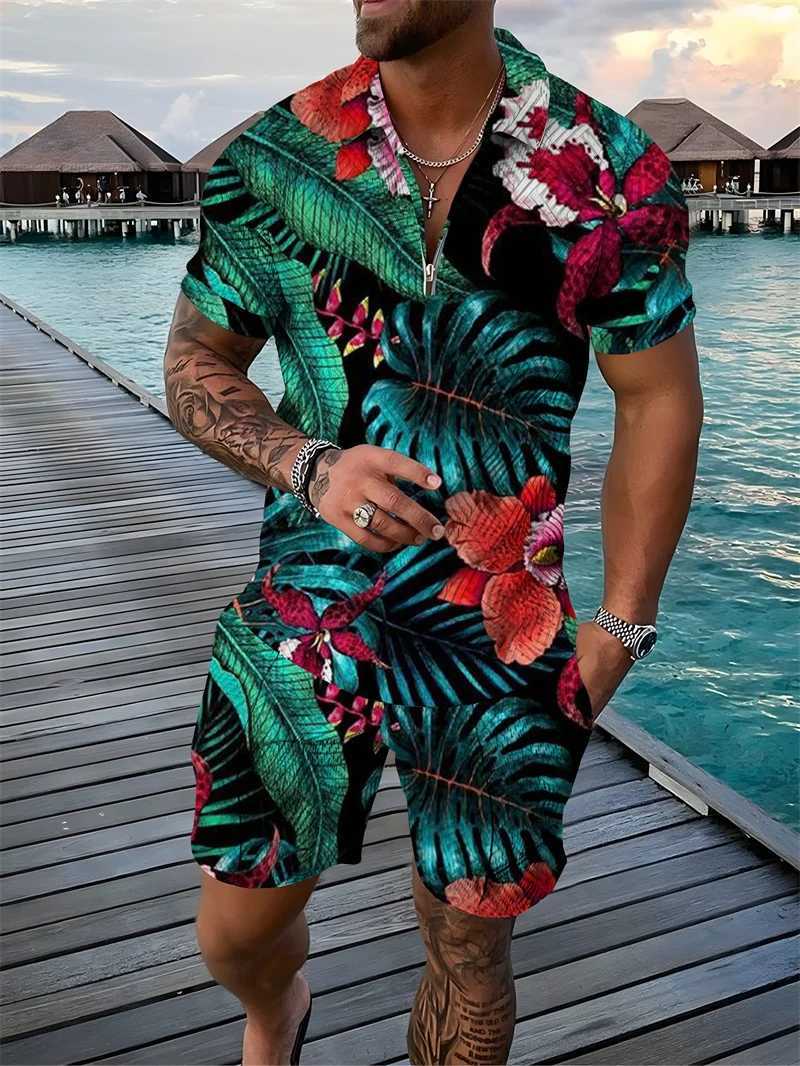 Flower 3D printed polo shirt shorts set mens fashion flower oversized short sleeved shirt pants set mens sportswear setXJ250412