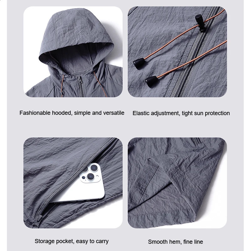 Summer mens casual outdoor quick drying Uv light jacket lightweight sports horse riding fishing hooded skin ultra-thin breathable 250411