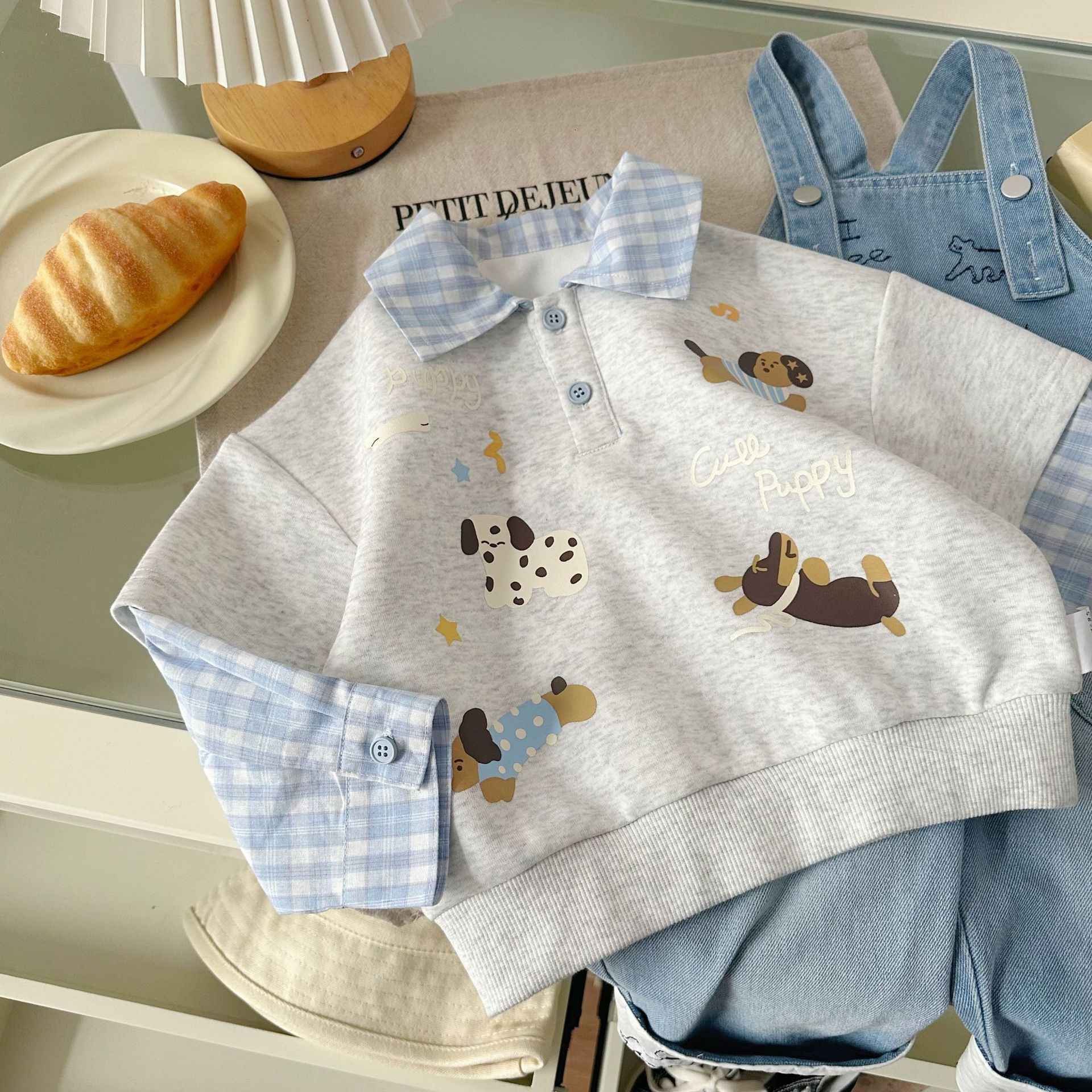 Ddmyshoesvip Boys Hoodies Spring POLO Collar Shirt Fake Two Small Dog Prints
