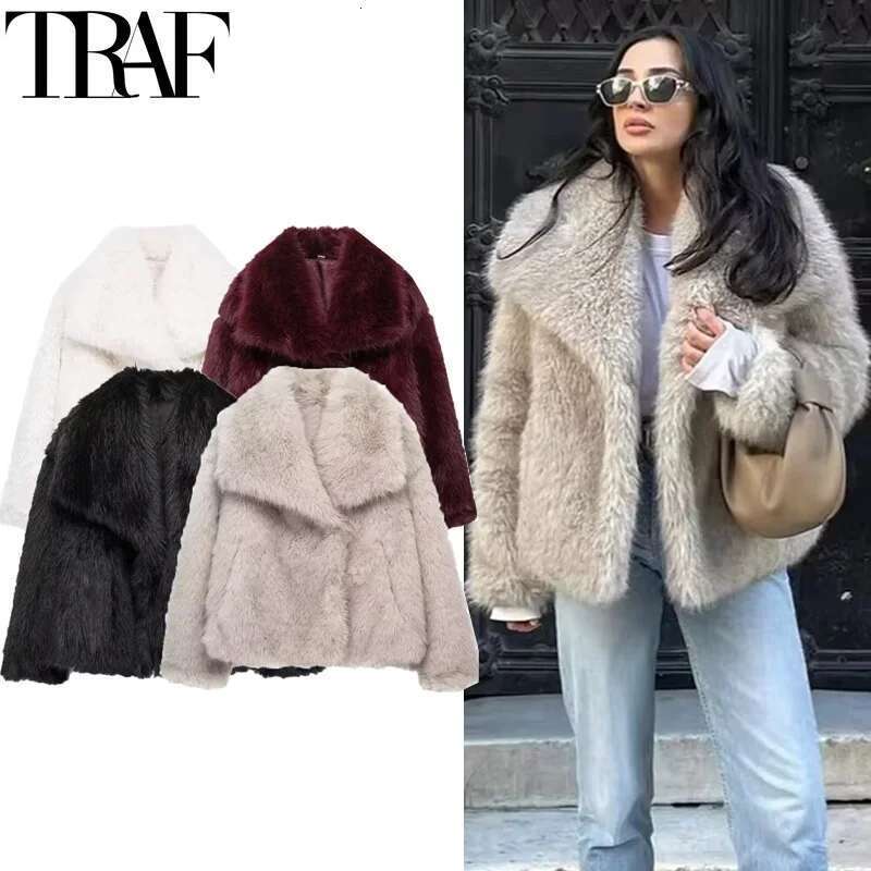 Designer Clothes TRAF 2024 Woman Autumn Winter Faux Fur Coat Plush Fluffy Women's Jacket New In Outerwears White Red Gray Black Wool Blends Coats