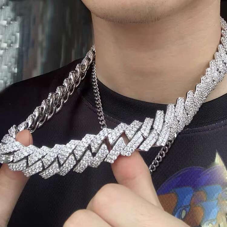 Large Size 19mm Wide 2-Row GRA Moissanite Diamond 925 Silver Cuban Link Chain Mens Hip Hop Style Necklace