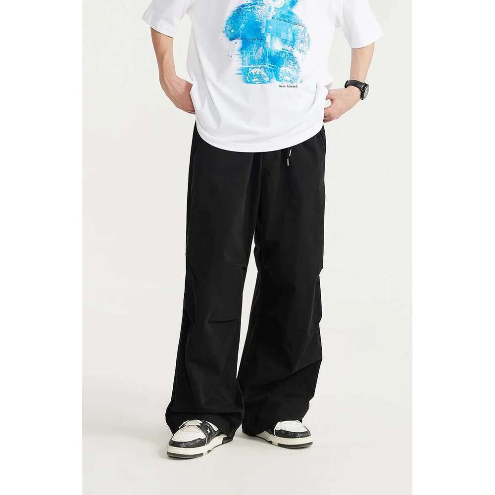 Baggy Parachute Streetwear Mens Elastic Waist Washed Cargo Pants Male 100% Cotton Trousers