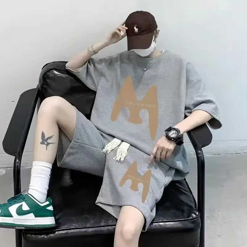 Teenage walking inspection sportswear mens summer casual fat T-shirt shorts 2-piece set Korean cool matching setXJ250412