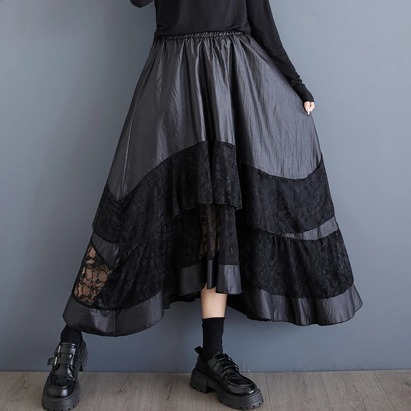 #3042 Spring Asymmetrical A-line Skirts Women Split Joint Lace Hollow Out Vintage Skirts Ladies High Waisted Pleated Black Skirt 250411