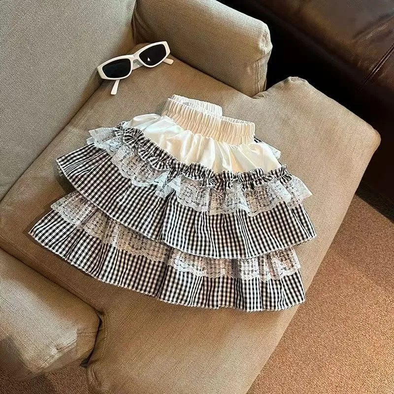 Sexy sweet lace plaid puffy skirt for women American summer casual simple color block cake slim high waist skirt for s 2025 250411