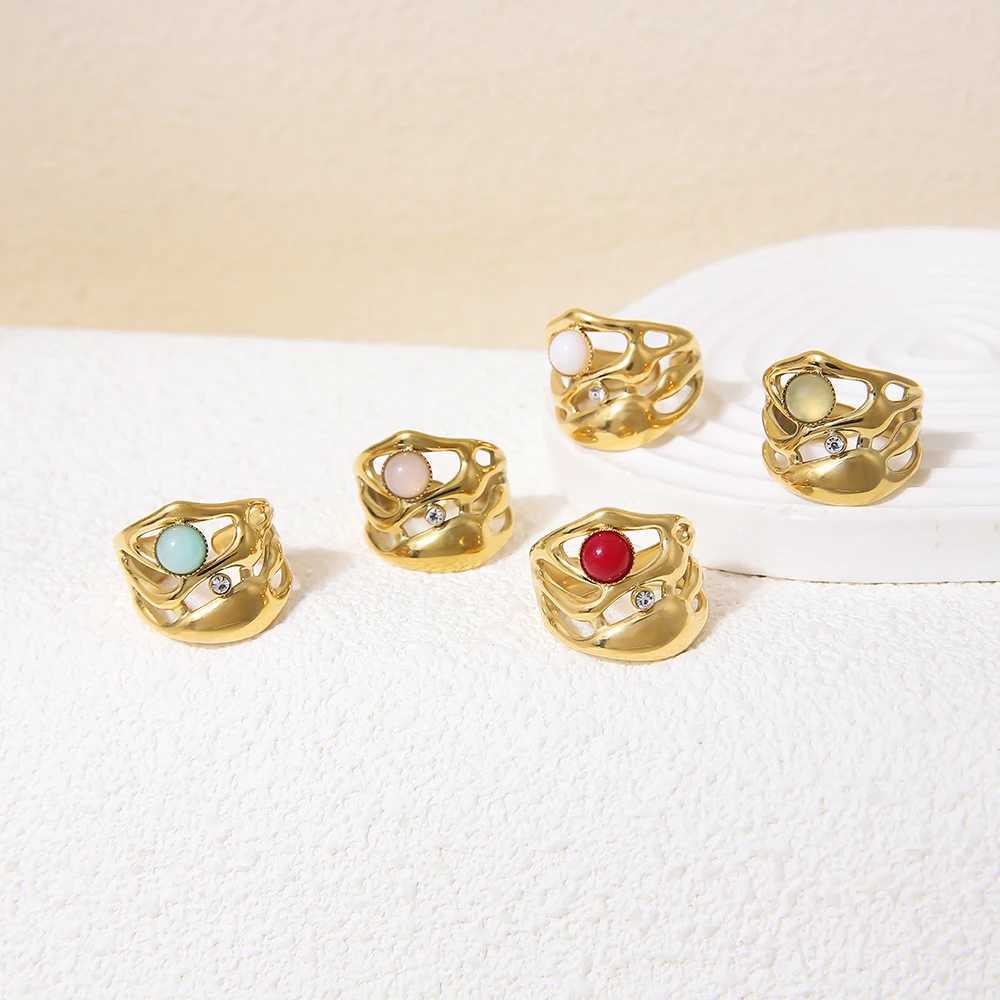 Retro Zircon Irregular Stainless Steel Ring Womens Natural Stone Bohemian Retro 14k Adjustable Wedding Ring Fashion GiftXJ250412