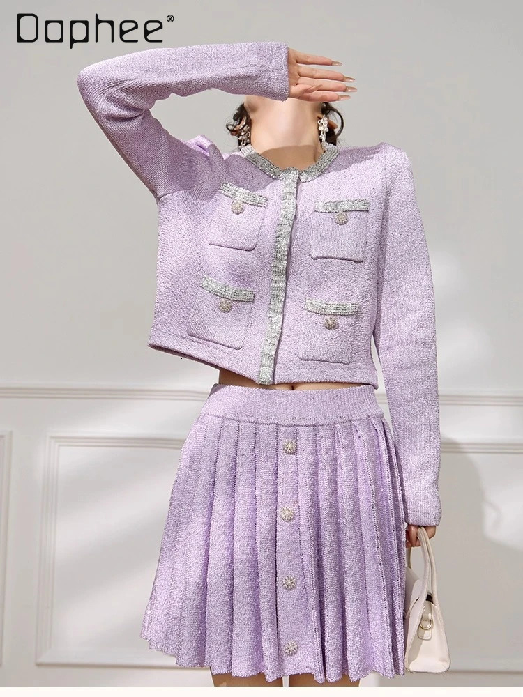 French Elegant Socialite Tweed Sets Heavy Beading Rhinestone Round Neck Long Sleeve Short Cardigan Pleated Skirt Two-Piece Set 251105