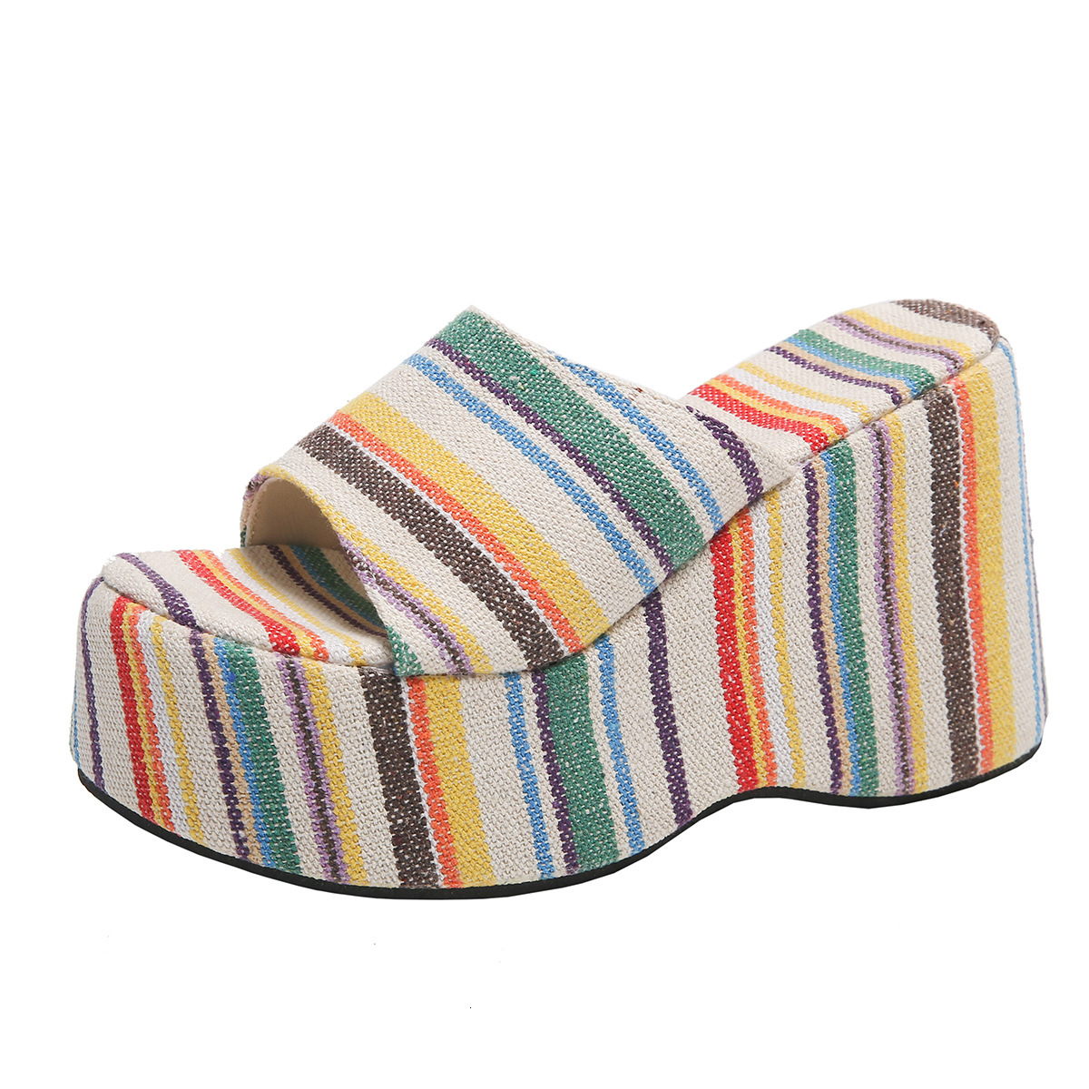 Thick sole sloping heel flip flops for women with high heels, solid color cloth surface beach sandals, slippers
