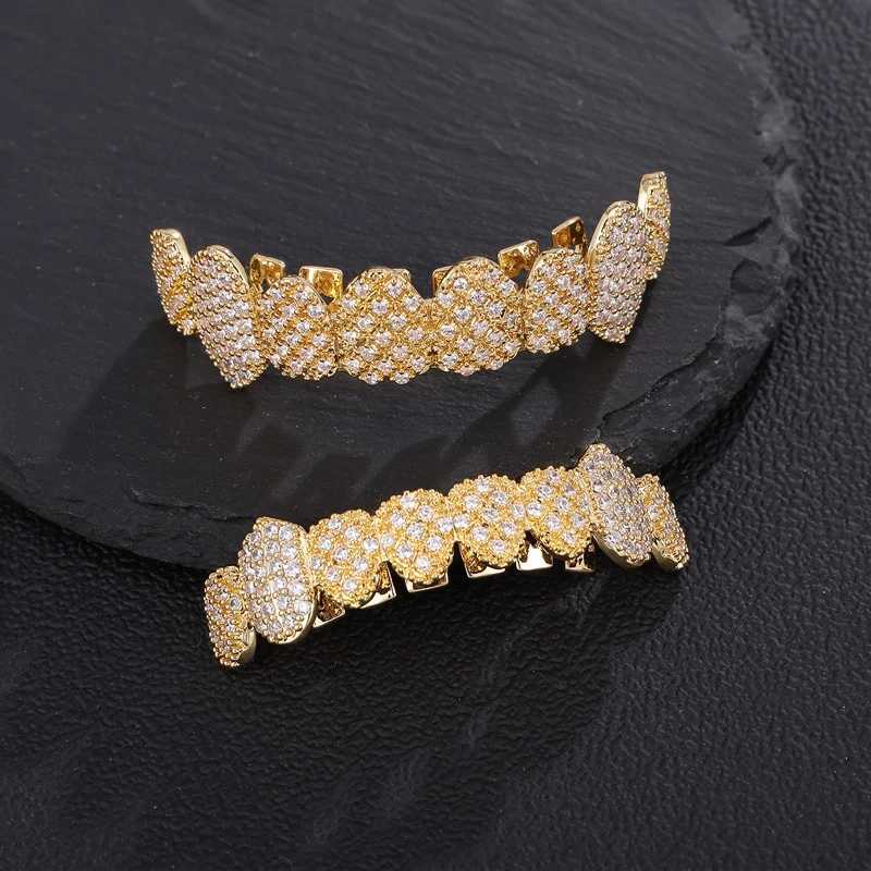 Hip Hop All Ice CZ Stone Teeth Grillz Hat Cube Zircon Micro Lay Top and Bottom Charm Barbecue Set W250412
