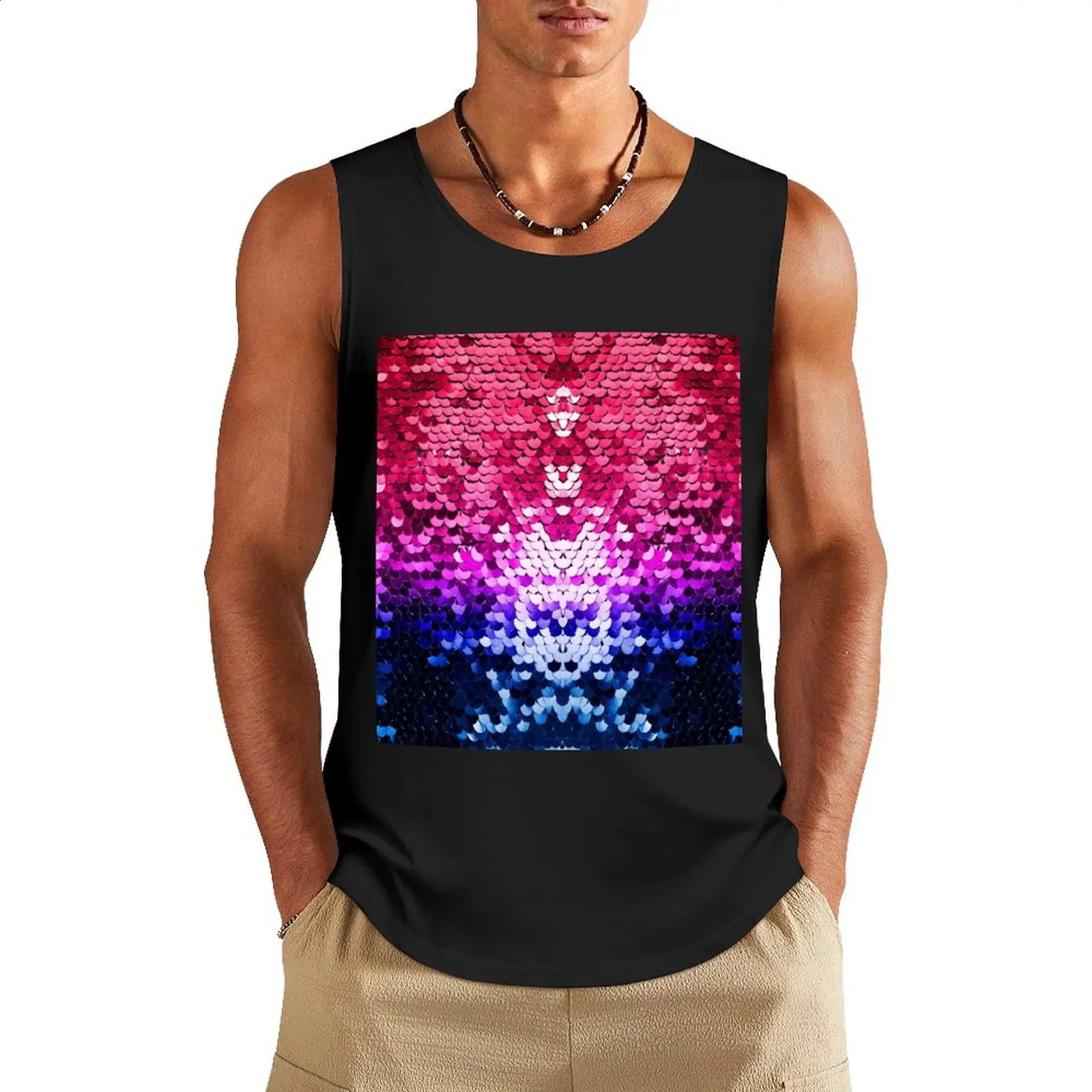 Shiny sequin Tank Top Mens cotton t-shirt for men anime t-shirts Men sleeveless tee 250407