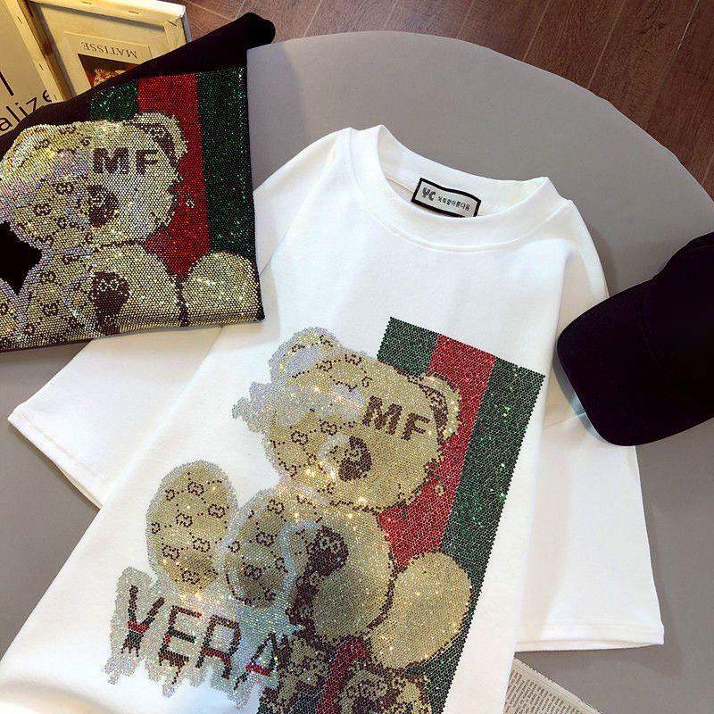 2025 Designer T-shirt Women's Student Fashion Design Sense Loose Short Sleeve T-shirt Hot Pot Diamond Round Neck Women's Cotton Top Summer C