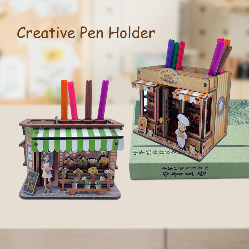 DIY Assembled Storefront Pen Holder Set, Including Pet Shop/Clothing Store/Flower Shop/Coffee Shop Models Creative Desktop Organizer for Stationery & 