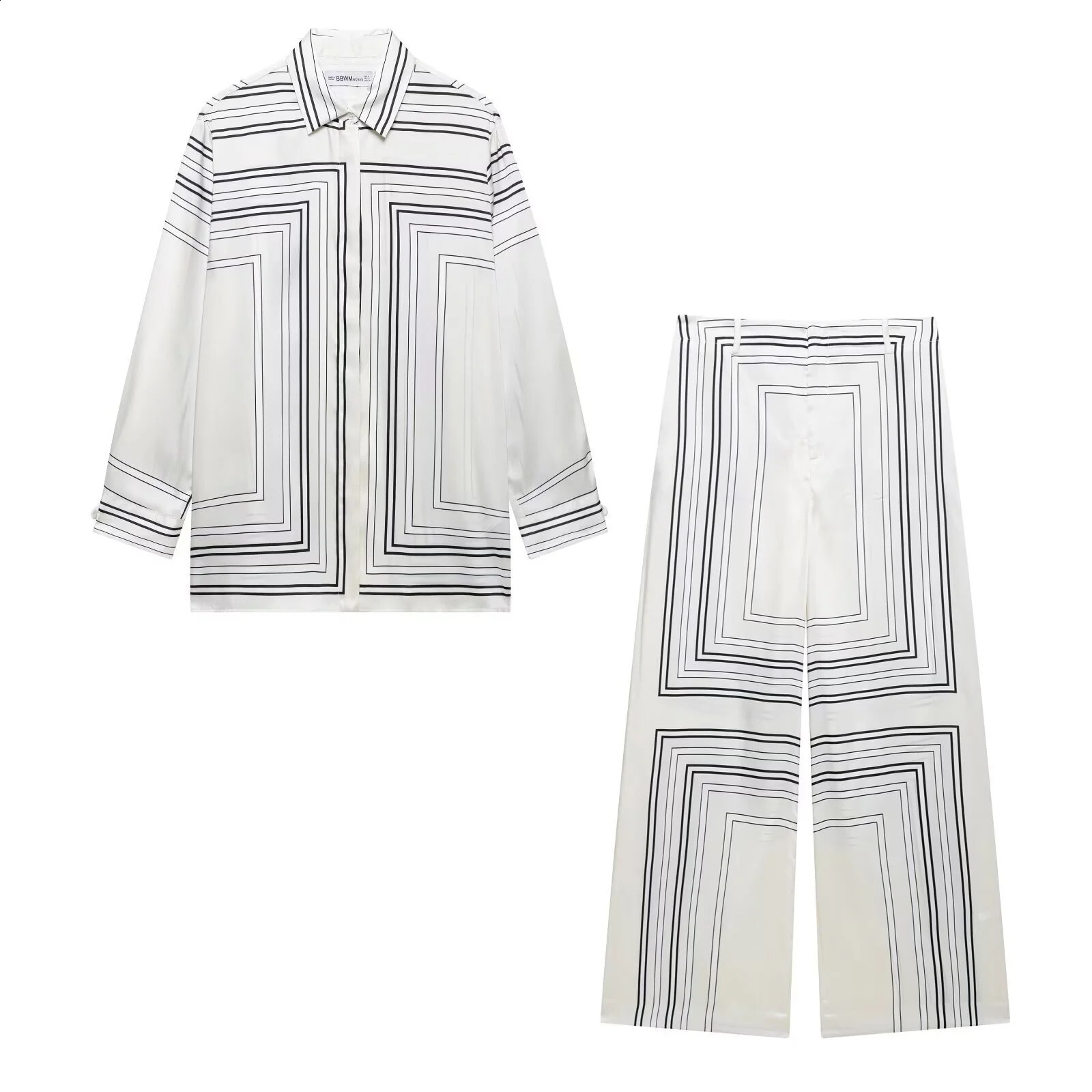 European and American Spring 2025 Womens Casual Loose Collar Long Sleeve Printed Twill Shirt Straight Leg Pants Set 250411Z