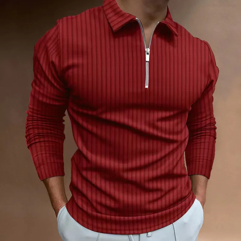 mens autumn and winter solid color lapel casual sports polo shirt with zipper long sleeves and high elasticity 250411
