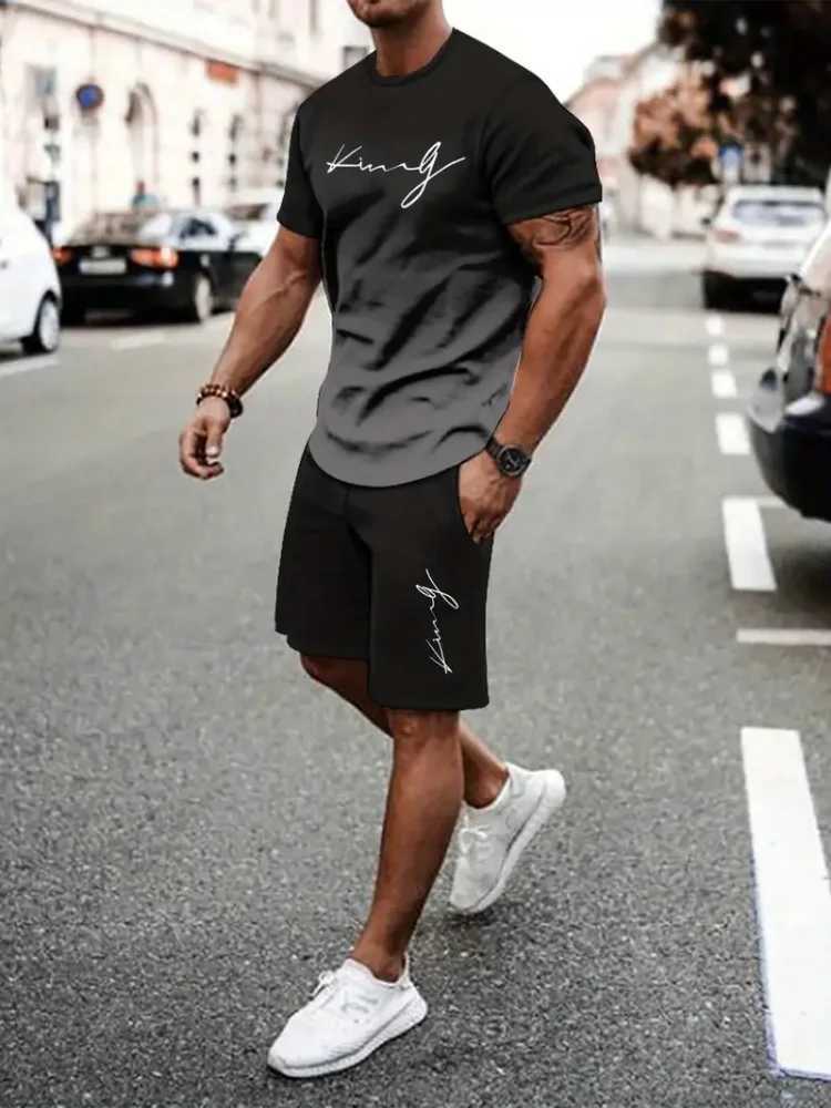 2025 Mens Short Sleeve Set Creative Letter Printing Gradient Color Summer Short Sleeve 2-piece Urban Fashion Street SetXJ250412