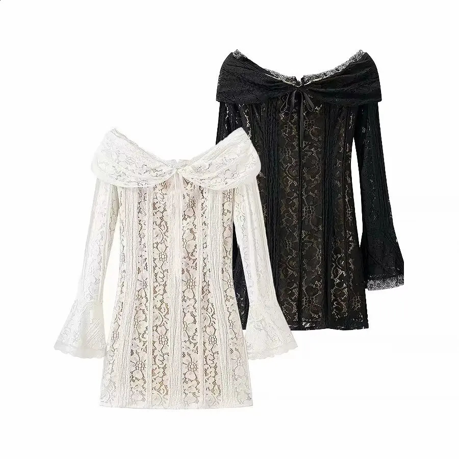 ZBZA Womens Lace-up Mini Dress Slim Fit Hollow One Shoulder Bell Sleeves Solid High Waist Back Zip Dress Summer Chic Dress 250411