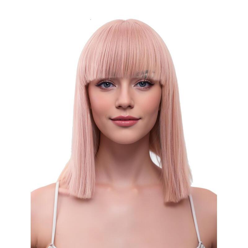 12 Inch Pink Short Bob With Bangs Light Yaki Straight Blunt Cut Glueless Realistic Look Daily Costume Wig For Women Synthetic Heat Resistant Hair Wigs