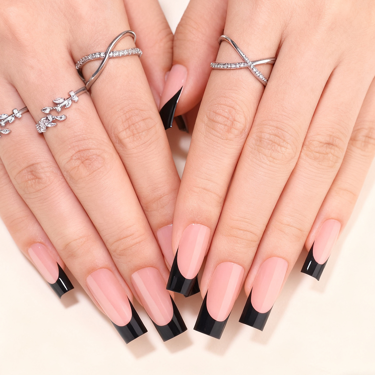 French Black Coffin Long Press-On Nails for Women - Available in 16 Sizes with 32 Reusable Pieces