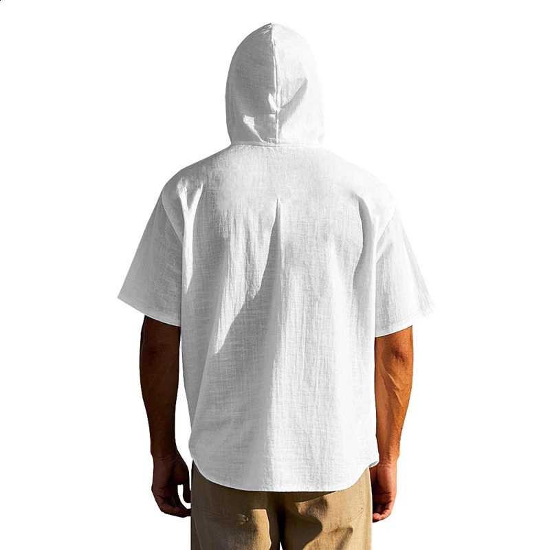 2025 Summer Mens Thin Bohemian Breathable Linen Amikhaki Loose Hooded Short sleeved Shirt 250411